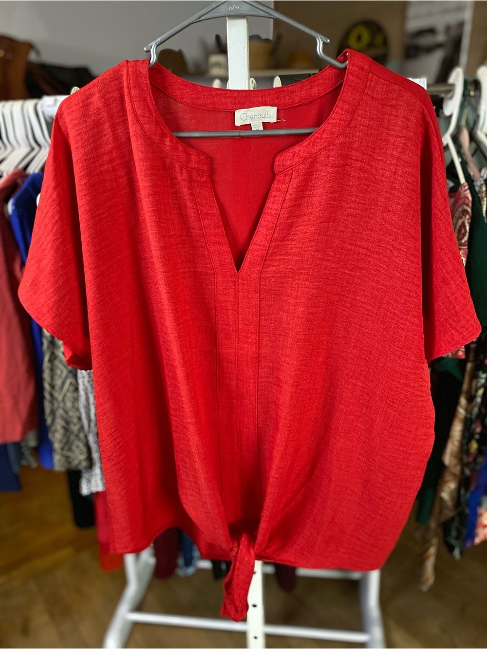 Chenault Bright Red Short-Sleeve Tie-Front Tunic